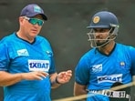 Sri Lanka's captain Dasun Shanaka (R) speaks with coach Chris Silverwood Sri Lanka's captain Dasun Shanaka (R) speaks with coach Chris Silverwood