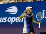 Iga Swiatek of Poland reacts after missing a shot against Jelena Ostapenko of Latvia (not pictured) on day seven of the 2023 U.S. Open tennis tournament at USTA Billie Jean King National Tennis Center