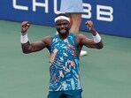 USA's Frances Tiafoe reacts after defeating Australia's Rinky Hijikata during the US Open tennis tournament men's singles round of 16 match at the USTA Billie Jean King National Tennis Center