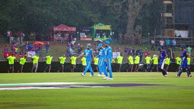 Rohit Sharma along with Mohammed Shami and Virat Kohli leave the ground as rain interrupts play during their match against Nepal in the Asia Cup 2023 (Cricket Association of Nepal (CA) Rohit Sharma along with Mohammed Shami and Virat Kohli leave the ground as rain interrupts play during their match against Nepal in the Asia Cup 2023 (Cricket Association of Nepal (CA)