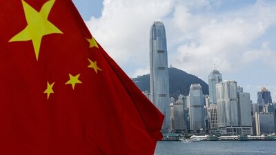 The Chinese national flag is seen in front of the financial district Central on the Chinese National Day in Hong Kong, China. (REUTERS)