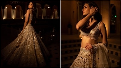Diana completed the ensemble with a heavily embellished mirror-work net dupatta, ornate gold jhumkis, a statement ring, and high heels. Lastly, she chose gold smoky eye shadow, darkened brows, mascara on the lashes, mauve lip shade, beaming highlighter, rouge cheeks, and centre-parted open wavy locks for the glam picks. (Instagram ) Diana completed the ensemble with a heavily embellished mirror-work net dupatta, ornate gold jhumkis, a statement ring, and high heels. Lastly, she chose gold smoky eye shadow, darkened brows, mascara on the lashes, mauve lip shade, beaming highlighter, rouge cheeks, and centre-parted open wavy locks for the glam picks. (Instagram )