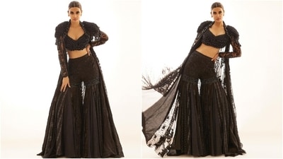 Earlier, Diana had impressed her fans with another modern yet ethnic look. She wore an all-black Manish Malhotra ensemble featuring a bustier blouse, a cape jacket, and sharara pants. The top features a plunging neckline, spiky beaded embellishments, a fitted bust, and a midriff-baring cropped hem. (Instagram) Earlier, Diana had impressed her fans with another modern yet ethnic look. She wore an all-black Manish Malhotra ensemble featuring a bustier blouse, a cape jacket, and sharara pants. The top features a plunging neckline, spiky beaded embellishments, a fitted bust, and a midriff-baring cropped hem. (Instagram)