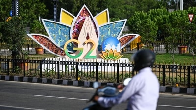 A G20 logo on display outside the Bharat Mandapam in New Delhi (HT Photo/Sanchit Khanna) A G20 logo on display outside the Bharat Mandapam in New Delhi (HT Photo/Sanchit Khanna)