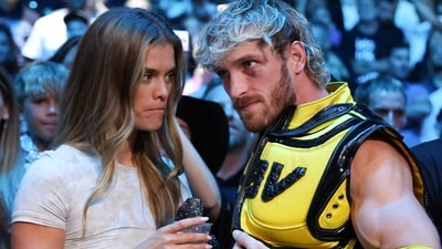 Aug 5, 2023; Dallas, Texas, USA;  Logan Paul and fiance Nina Agdal watch Jake Paul fight against Nate Diaz in a boxing match at American Airlines Center (Mandatory Credit: Kevin Jairaj-USA TODAY Sports) (USA TODAY Sports via Reuters Con)