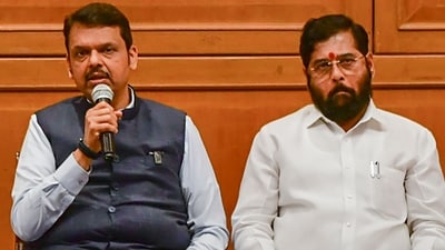 Maharashtra chief minister Eknath Shinde with deputy chief minister Devendra Fadnavis and Ajit Pawar (not in pic) address a press conference after a meeting on Maratha reservation in Mumbai on Monday, (PTI)