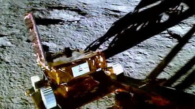 Rollout of rover of Isro's Chandrayaan-3 from the lander to the lunar surface, as observed by Lander Imager Camera. (PTI) Rollout of rover of Isro's Chandrayaan-3 from the lander to the lunar surface, as observed by Lander Imager Camera. (PTI)