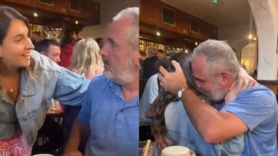 The image, taken from the video, shows the moment the daughter surprised her father on his 60th birthday. (Instagram/@majicallynews ) The image, taken from the video, shows the moment the daughter surprised her father on his 60th birthday. (Instagram/@majicallynews )