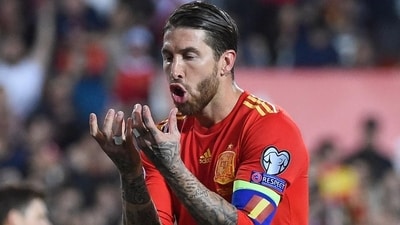Sergio Ramos celebrates after scoring a goal during the Euro 2020 group F qualifying football match. (AFP) Sergio Ramos celebrates after scoring a goal during the Euro 2020 group F qualifying football match. (AFP)