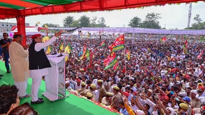 SP President Akhilesh Yadav addresses an election campaign rally in support of party candidate Sudhakar Singh ahead of Ghosi by-election, (PTI) SP President Akhilesh Yadav addresses an election campaign rally in support of party candidate Sudhakar Singh ahead of Ghosi by-election, (PTI)