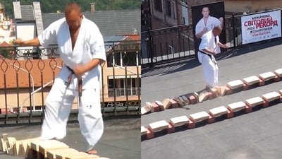 Igor Kapura breaking pine boards with his feet. (Instagram/@guinnessworldrecords) Igor Kapura breaking pine boards with his feet. (Instagram/@guinnessworldrecords)
