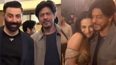Shah Rukh Khan with Sunny Deol and Ameesha Patel at Gadar 2 success party. Shah Rukh Khan with Sunny Deol and Ameesha Patel at Gadar 2 success party.