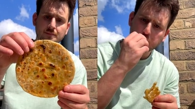 UK chef Jake Dryan relishes sattu paratha that he cooked from scratch. (Instagram/@plantfuture) UK chef Jake Dryan relishes sattu paratha that he cooked from scratch. (Instagram/@plantfuture)