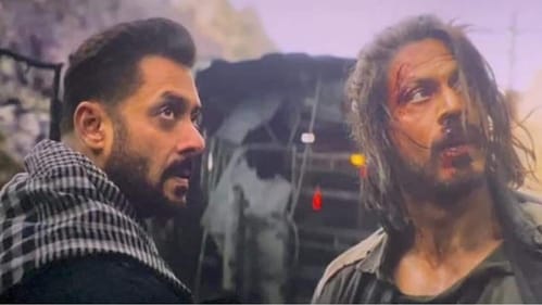 Salman Khan and Shah Rukh Khan in a still from Pathaan. Salman Khan and Shah Rukh Khan in a still from Pathaan.