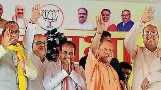 Chief minister Yogi Adityanath and other BJP leaders during the Ghosi bypoll campaign on September 2. (FILE PHOTO)