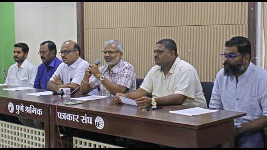 From left - Omkar Kadhlonkar, Vilas Shigvan, Shirish Thite, Parag Thakur, Sanjay Satpute and Abhijit Kumavat at a press conference of Dhol-tasha Mahasangh on Monday. (Ravindra Joshi/HT PHOTO)