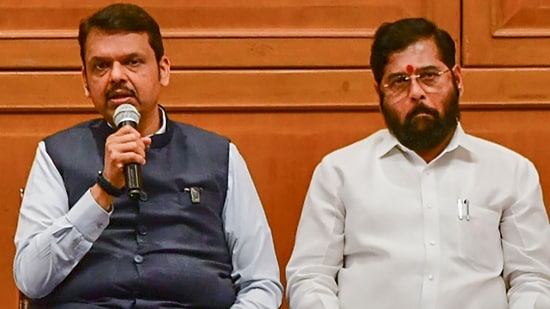 Maharashtra chief minister Eknath Shinde with deputy chief minister Devendra Fadnavis and Ajit Pawar (not in pic) address a press conference after a meeting on Maratha reservation in Mumbai on Monday, (PTI)