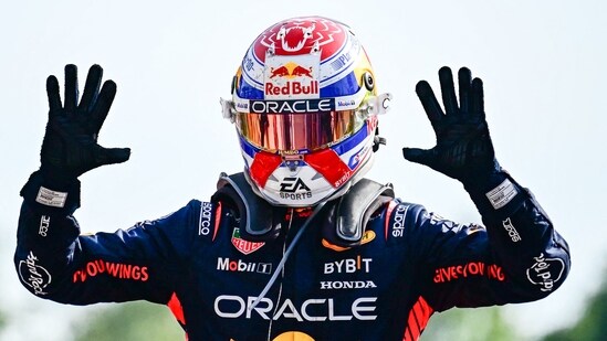 Red Bull Racing's Dutch driver Max Verstappen celebrates after winning the Italian Formula One Grand Prix race at Autodromo Nazionale Monza circuit. (AFP)