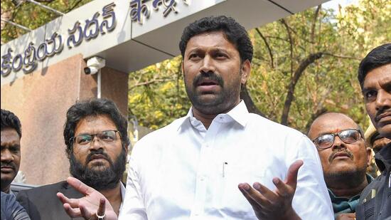 YSR Congress Party MP YS Avinash Reddy speaks with the media as he arrives at CBI office in connection with the Vivekananda Reddy murder case in Hyderabad on March 10 (PTI)