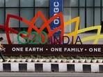 A model of the G20 logo outside a Metro station ahead of the G20 Summit in New Delhi on Monday. (Reuters) A model of the G20 logo outside a Metro station ahead of the G20 Summit in New Delhi on Monday. (Reuters)