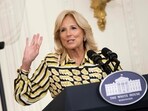 (FILES) US First Lady Jill Biden speaks during a back-to-school K-12 Cybersecurity Summit in the East Room of the White House in Washington, DC, on August 8, 2023. The First Lady's communications director, Elizabeth Alexander, issued a statement on September 4 announcing that First Lady Jill Biden had tested positive for Covid-19. She is currently experiencing only mild symptoms.