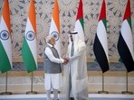 UAE President Sheikh Mohamed bin Zayed Al Nahyan and Indian Prime Minister Narendra Modi pose for a photograph during an official visit reception at Qasr Al Watan, Abu Dhabi, UAE, July 15, 2023. 