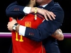 Spain's Jennifer Hermoso celebrates with President of the Royal Spanish Football Federation Luis Rubiales after the match 