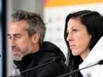 Spain's Jennifer Hermoso, right, and head coach Jorge Vilda listens to reporters' questions during a press conference at Eden Park Spain's Jennifer Hermoso, right, and head coach Jorge Vilda listens to reporters' questions during a press conference at Eden Park