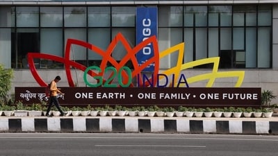 A model of the G20 logo outside a Metro station ahead of the G20 Summit in New Delhi on Monday. (Reuters) A model of the G20 logo outside a Metro station ahead of the G20 Summit in New Delhi on Monday. (Reuters)