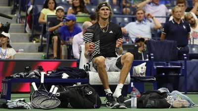 Alexander Zverev of Germany looks on while in a break of play during the fifth set against Jannik Sinner of Italy during their Men's Singles Fourth Round match on Day Eight of the 2023 US Open (Getty Images) Alexander Zverev of Germany looks on while in a break of play during the fifth set against Jannik Sinner of Italy during their Men's Singles Fourth Round match on Day Eight of the 2023 US Open (Getty Images)