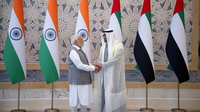 UAE President Sheikh Mohamed bin Zayed Al Nahyan and Indian Prime Minister Narendra Modi pose for a photograph during an official visit reception at Qasr Al Watan, Abu Dhabi, UAE, July 15, 2023. (via REUTERS)