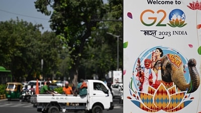 Commuters make their way past a billboard installed along a street ahead of the two-day G20 summit in New Delhi (AFP) Commuters make their way past a billboard installed along a street ahead of the two-day G20 summit in New Delhi (AFP)