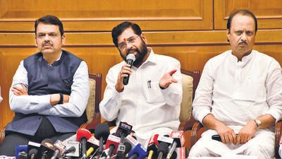 Mumbai, India – Sept 04, 2023: Maharashtra Chief Minister Eknath Shinde with Deputy Chief Ministers Devendra Fadnavis and Ajit Pawar address a press conference after a meeting on the Maratha reservation, at Sahyadri Guest House, in Mumbai, India, on Monday, Sept 04, 2023. (Photo by Bhushan Koyande/HT Photo)