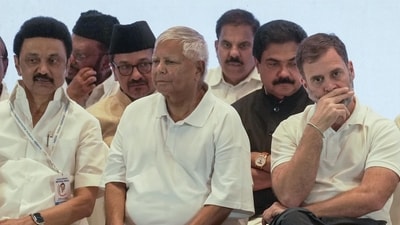 Congress leader Rahul Gandhi, RJD chief Lalu Prasad Yadav, Tamil Nadu CM and DMK chief MK Stalin during the Indian National Developmental Inclusive Alliance (INDIA) meeting in Mumbai on September 1. (PTI) Congress leader Rahul Gandhi, RJD chief Lalu Prasad Yadav, Tamil Nadu CM and DMK chief MK Stalin during the Indian National Developmental Inclusive Alliance (INDIA) meeting in Mumbai on September 1. (PTI)