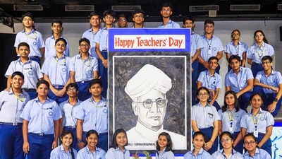 School children pay tribute to former president Sarvepalli Radhakrishnan during a celebration of Teachers' Day in Gurugram. (PTI) School children pay tribute to former president Sarvepalli Radhakrishnan during a celebration of Teachers' Day in Gurugram. (PTI)