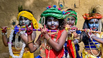 Children dress up as Lord Krishna ahead of the Janmashtami festival in Nadia, West Bengal. (PTI)