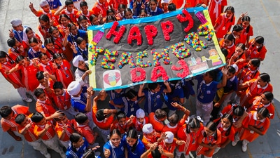 Students celebrate Teachers' Day at a school in Jammu. (PTI) Students celebrate Teachers' Day at a school in Jammu. (PTI)