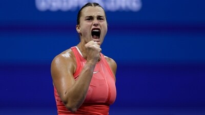 Aryna Sabalenka, of Belarus, reacts during her fourth round match against Daria Kasatkina, of Russia, of the U.S. Open (AP) Aryna Sabalenka, of Belarus, reacts during her fourth round match against Daria Kasatkina, of Russia, of the U.S. Open (AP)
