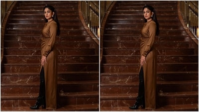 In terms of accessories, Mrunal styled her look with a pair of shiny black thigh-high boots and an oversized pair of pearl stud earrings that perfectly complemented her glam look. (Instagram/@mrunalthakur) In terms of accessories, Mrunal styled her look with a pair of shiny black thigh-high boots and an oversized pair of pearl stud earrings that perfectly complemented her glam look. (Instagram/@mrunalthakur)