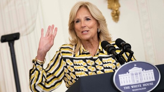 (FILES) US First Lady Jill Biden speaks during a back-to-school K-12 Cybersecurity Summit in the East Room of the White House in Washington, DC, on August 8, 2023. The First Lady's communications director, Elizabeth Alexander, issued a statement on September 4 announcing that First Lady Jill Biden had tested positive for Covid-19. She is currently experiencing only mild symptoms. (AFP)