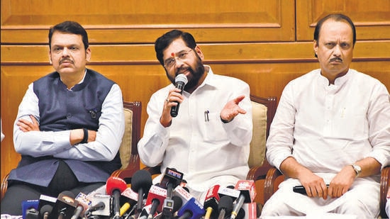 Mumbai, India – Sept 04, 2023: Maharashtra Chief Minister Eknath Shinde with Deputy Chief Ministers Devendra Fadnavis and Ajit Pawar address a press conference after a meeting on the Maratha reservation, at Sahyadri Guest House, in Mumbai, India, on Monday, Sept 04, 2023. (Photo by Bhushan Koyande/HT Photo)