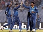 Sri Lanka's Sachithra Senanayake (R) celebrates with teammates (File photo)