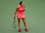 Aryna Sabalenka of Belarus celebrates a point against Qinwen Zheng of China during their Women's Singles Quarterfinal match on Day Ten of the 2023 US Open