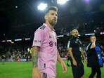 Inter Miami forward Lionel Messi (10) celebrates the victory against Los Angeles FC at BMO Stadium.
