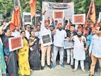 Thane, India - September , 04, 2023: Activists of the Maratha community in Thane staged a protest outside the Thane Collector office on Monday to protest against the police lathicharge (beating ) on the protestors protesting for Maratha reservation in Jalna Maharashtra ,in Thane, in Mumbai, India, on,Monday, September, 04, 2023. ( Praful Gangurde / HT Photo )