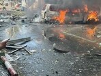 View of a vehicle on fire following an attack on the city of Kostiantynivka in eastern Ukraine.