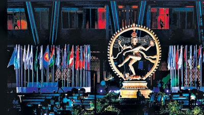 A 27-feet tall bronze figurine statue ‘Nataraja’ installed at the G20 India summit venue. (AFP) A 27-feet tall bronze figurine statue ‘Nataraja’ installed at the G20 India summit venue. (AFP)