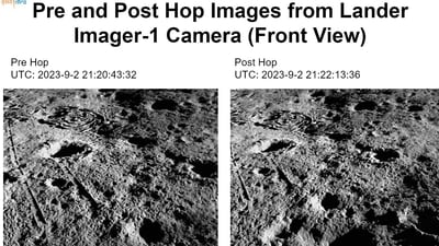 Pragyan Rover clicked an image of Vikram Lander on August 30. The 'image of the mission' was taken by the Navigation Camera onboard the Rover (NavCam). (ISRO twitter) Pragyan Rover clicked an image of Vikram Lander on August 30. The 'image of the mission' was taken by the Navigation Camera onboard the Rover (NavCam). (ISRO twitter)