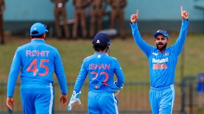 India's skipper Rohit Sharma along with Ishan Kishan and Virat Kohli celebrate a wicket (ANI ) India's skipper Rohit Sharma along with Ishan Kishan and Virat Kohli celebrate a wicket (ANI )