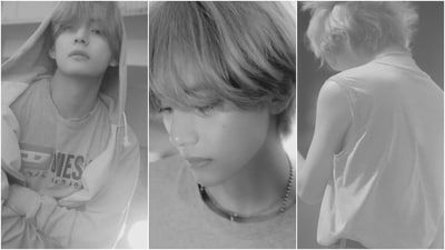 V wore a grey tank top featuring a round neckline, a logo print on the front, and a short hem length. The dirty, acid-washed light blue denim jeans came with an oversized fit, ripped design on the knees, and a mid-rise waist. A chain and his messy wolf haircut completed the look.&nbsp; (Instagram/@bts.bighitofficial)
